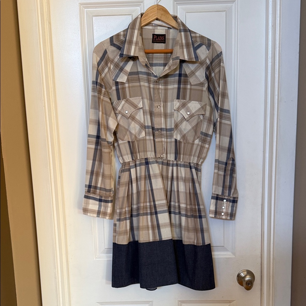 Repurposed western wear. Plaid Long Sleeve Dress with Denim Hem and pearl snaps